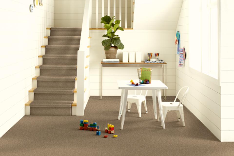 grey carpet in play room with matching stair runner.